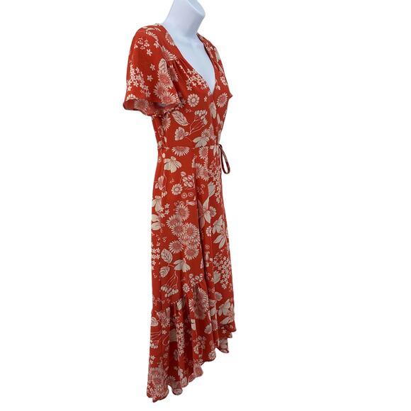 Urban Outfitters Floral Wrap Dress Hi-Low WMNS S Red Midi V-neck Short Sleeve - Picture 5 of 11